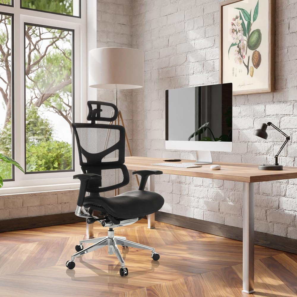 hjh OFFICE Silla de Oficina Profesional Ergo-U2 LM Silla giratoria ergonómica de Cuero, Apoyo Lumbar Flexible, Respaldo Regulable en Altura, Respaldo de Rejilla Negro 651102