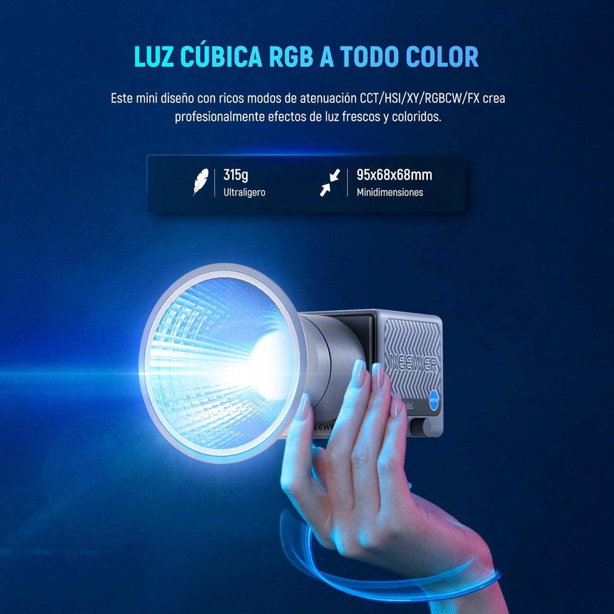NEEWER 60W Luz Video LED RGB Portátil Luz Relleno de Mano, App/2.4G/Control Panel 18 Escenas 8700Lux/1m 2700-6500K CRI97+ Iluminación Continua COB Regulable para Transmisión Grabación Video, HS60C