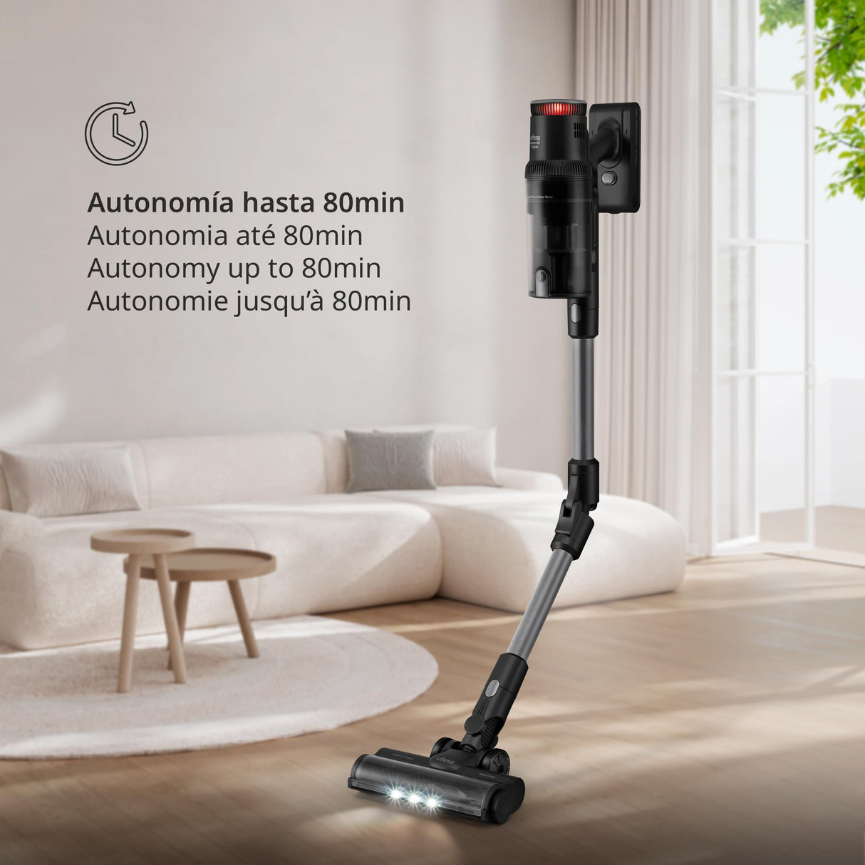 Ufesa U7 Digital Aspirador Escoba sin Cable, 500W, Pantalla Táctil , 29.6V, Autonomía 80 min, Cepillo Multisuperficie con Luz, 4 Modos, 26KPa, Tecnología Multiclónica, Accesorios Suelo/Alfombra/Coche