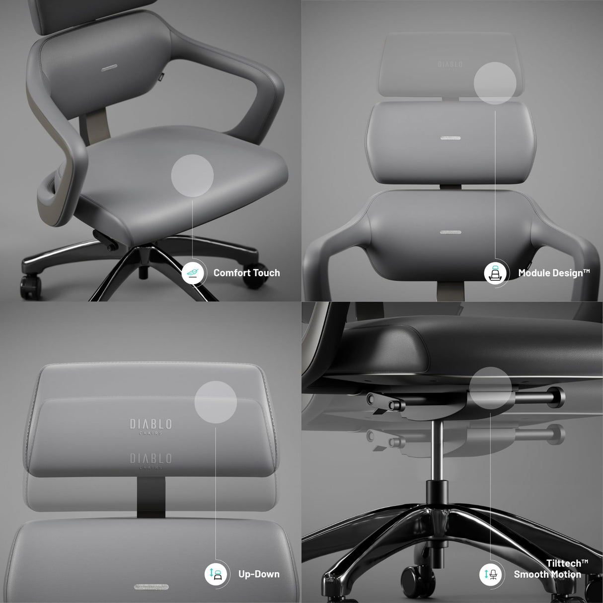 Diablo Silla Oficina V-Modular | Respaldo, Ajuste de Asiento y Respaldo, Reposacabezas Desmontable - Silla Despacho para la Oficin | Elegante Cuero, Robusta Estructura de Aluminio | Gris