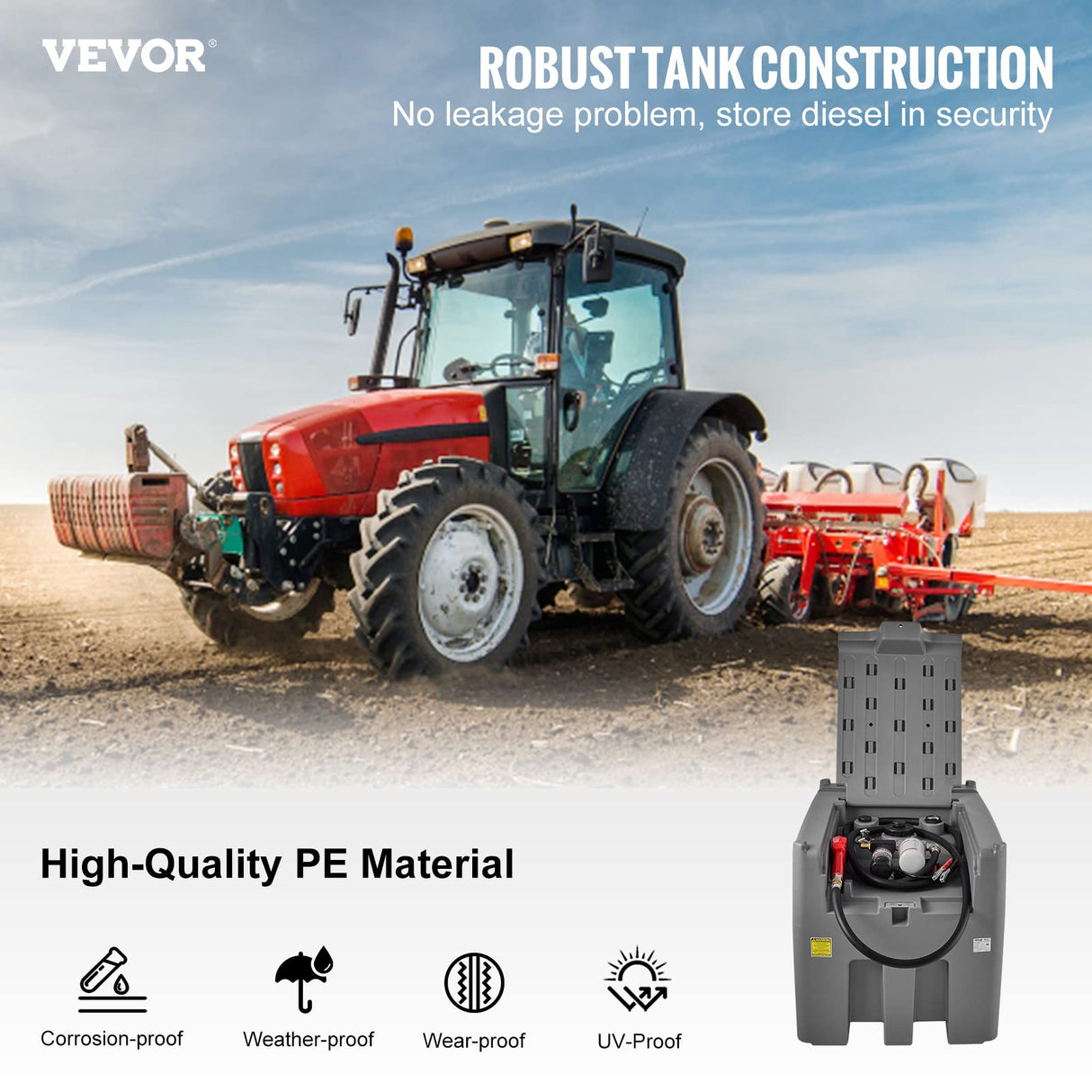 VEVOR Tanque de Diésel Portátil de Polietileno Tanque de Combustible Diésel de 116 Galones con Bomba de Transferencia de 12 V Almacenamiento de Diesel Gris Flujo Máximo de 10,6 GPM para Camión Tractor