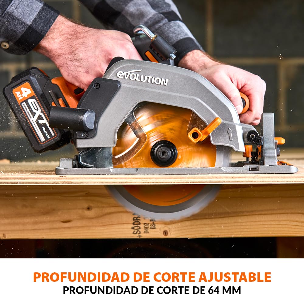 Evolution Power Tools R185CCS-Li Sierra circular sin cable y sin escobillas 18v Li-Ion Incluye hoja TCT Multi-Material Corta Madera, Metal, Plástico, Guía Incluida, Batería y Cargador Incluidos, 185mm