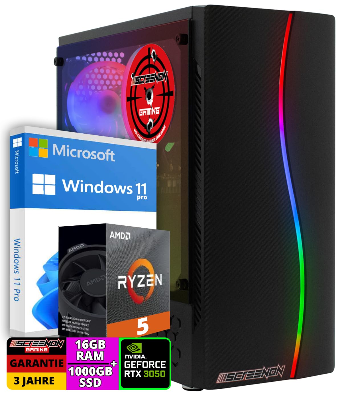 ScreenOn - Ryzen 5 5600G - 1TB SSD - RTX 3050 - Game PC A40121 - WiFi - Windows 11 Pro