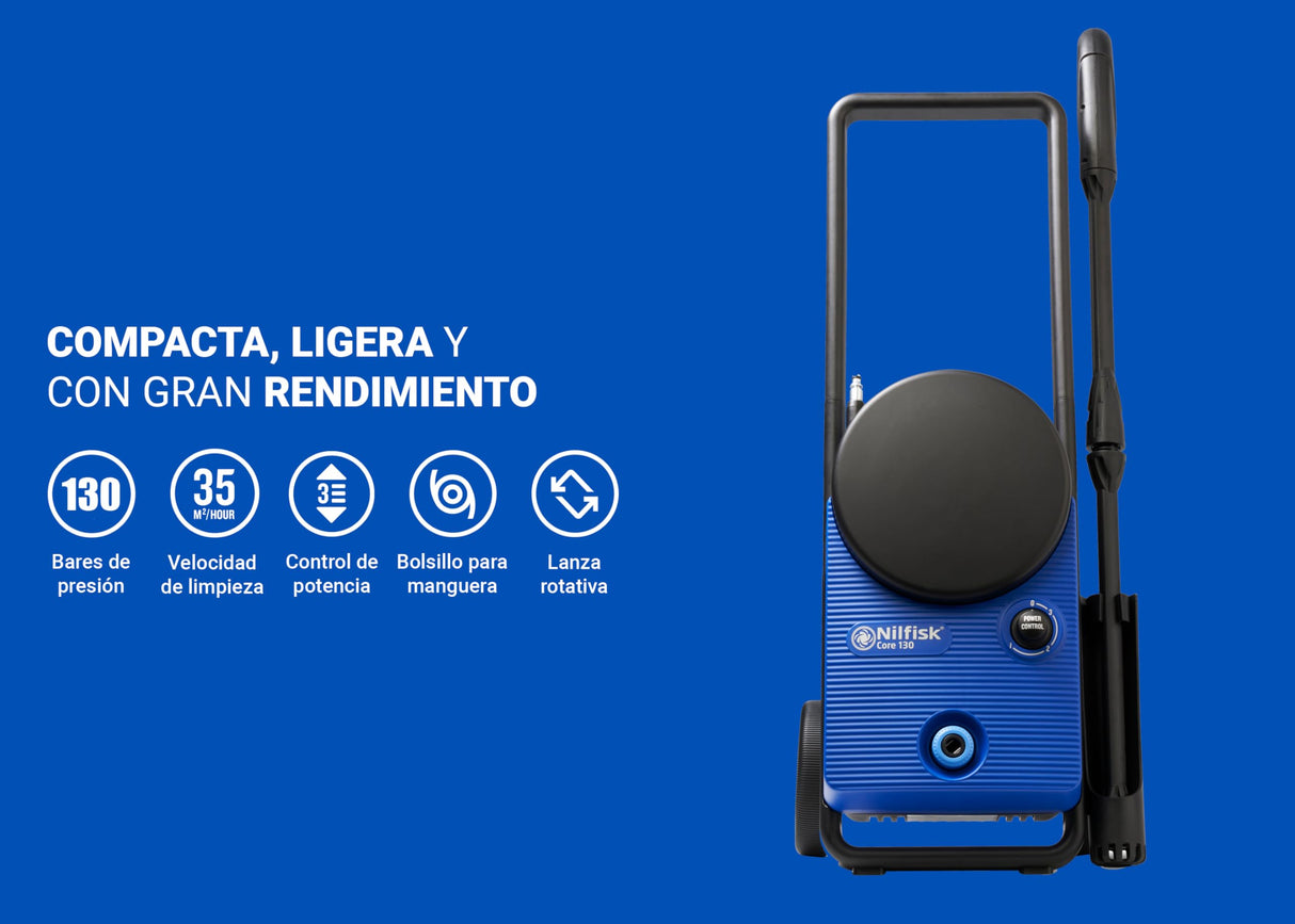 Nilfisk Hidrolimpiadora de Alta Presión Core 130 Bares con PowerControl - Mini Limpiadora para Jardín, Patios y Coches (1500 W)
