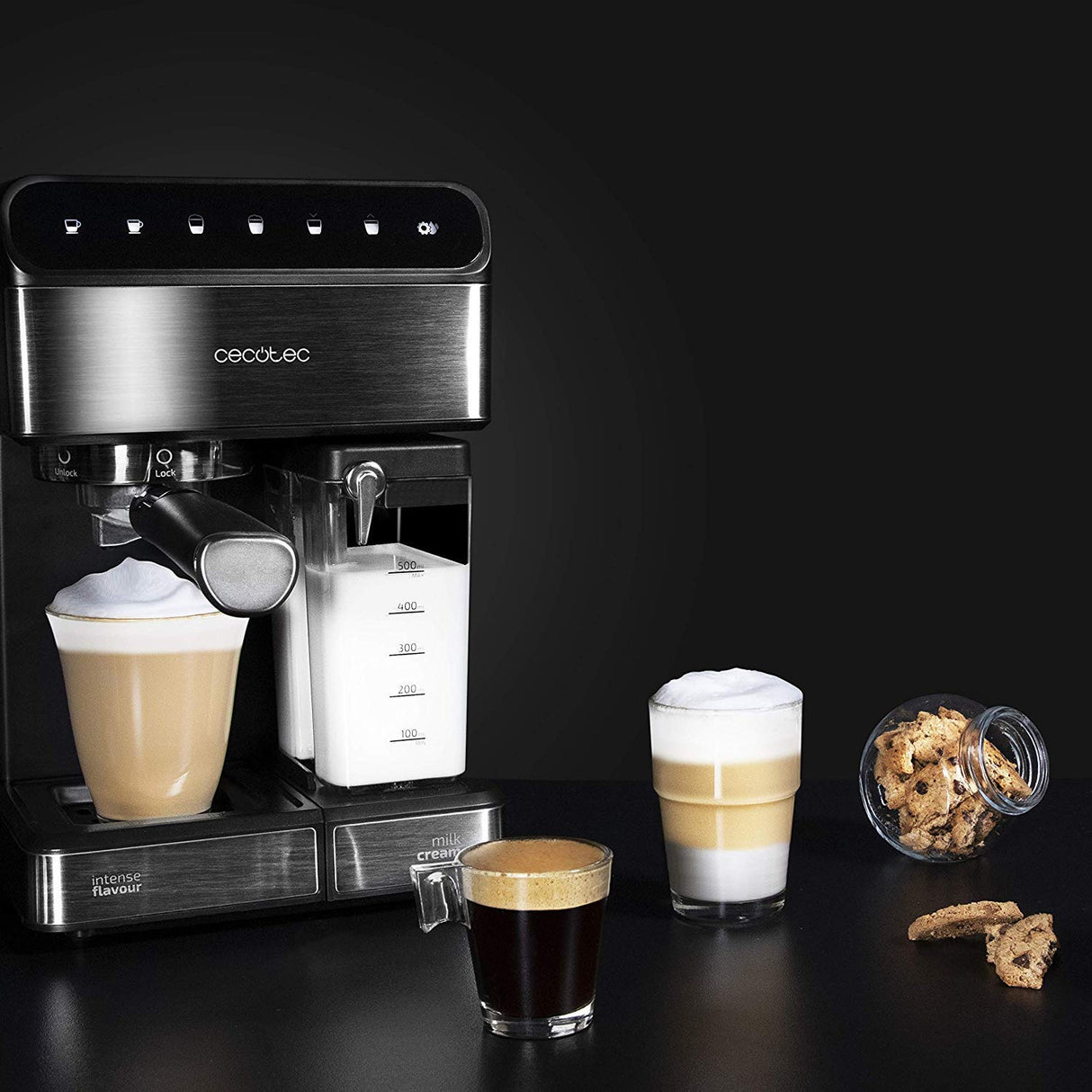 Cecotec Cafetera Semiautomatica Power Instant-ccino 20 Touch Serie Nera. 1350 W, 20 Bares de Presión, Tanque de Leche de 500ml, Control Táctil, Depósito de 1,4 Litros, Acabados Acero Inox