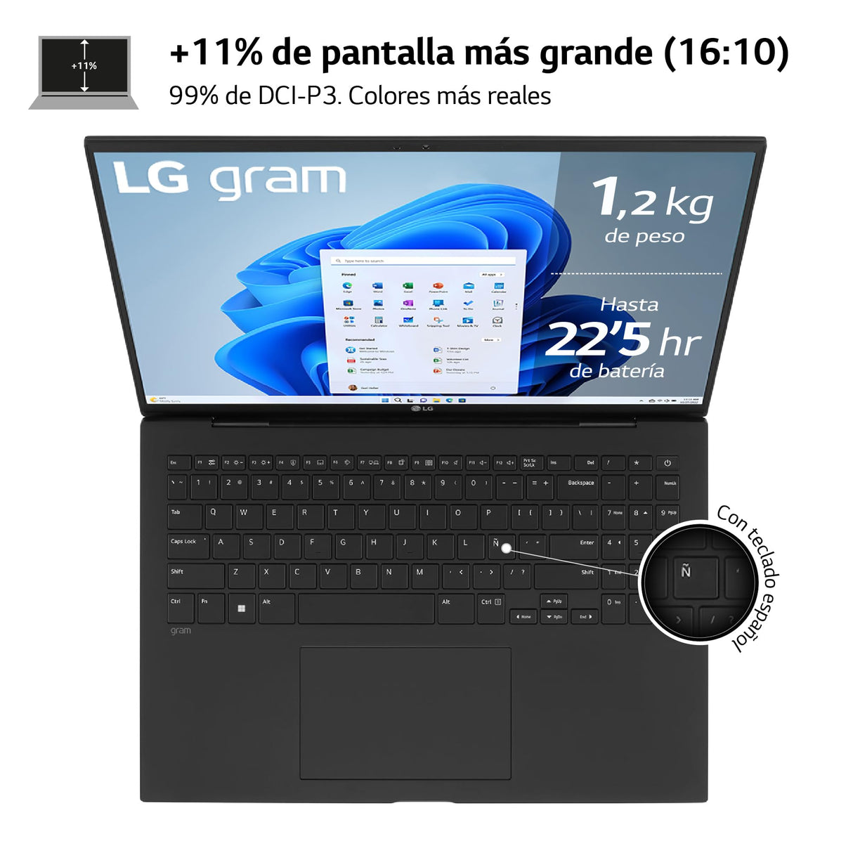 LG gram 16Z90R-E.AD78B Ordenador Portátil 16 Pulgadas, Intel Core i7, 32GB RAM, 1TB SSD, NVIDIA RTX3050 4GB, Panel IPS antirreflejo, WQXGA, 1.29 kg, 22.5 Horas, Windows 11 Home, Negro, Teclado QWERTY