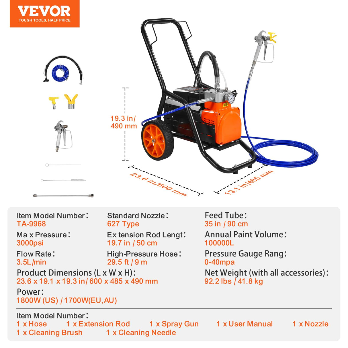 VEVOR Pulverizador de Pintura sin Aire de Eficiencia de 1700 W, 3,5 L/min, 3000 PSI con Diafragma, Carrito y Barra de Extensión, Pulverizador de Pintura para Pulverización Interior y Exterior
