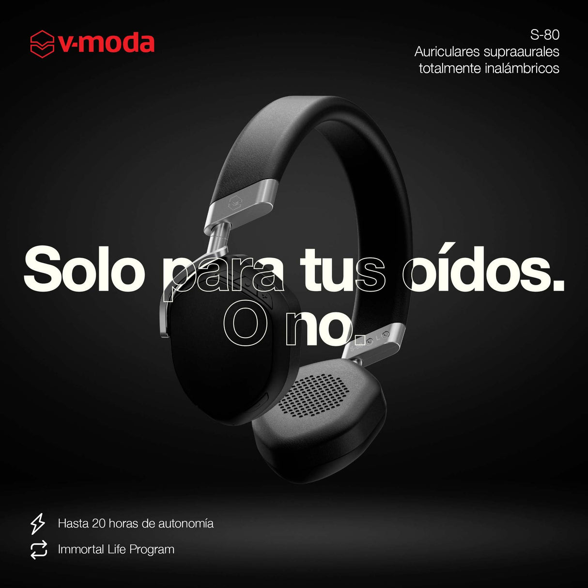 V-Moda S-80 | Auriculares supraaurales Totalmente inalámbricos | Sistema de Altavoces Personal | Diseño Elegante |Sonido Potente, Ajustado para la música electrónica | App de edición móvil | Negro