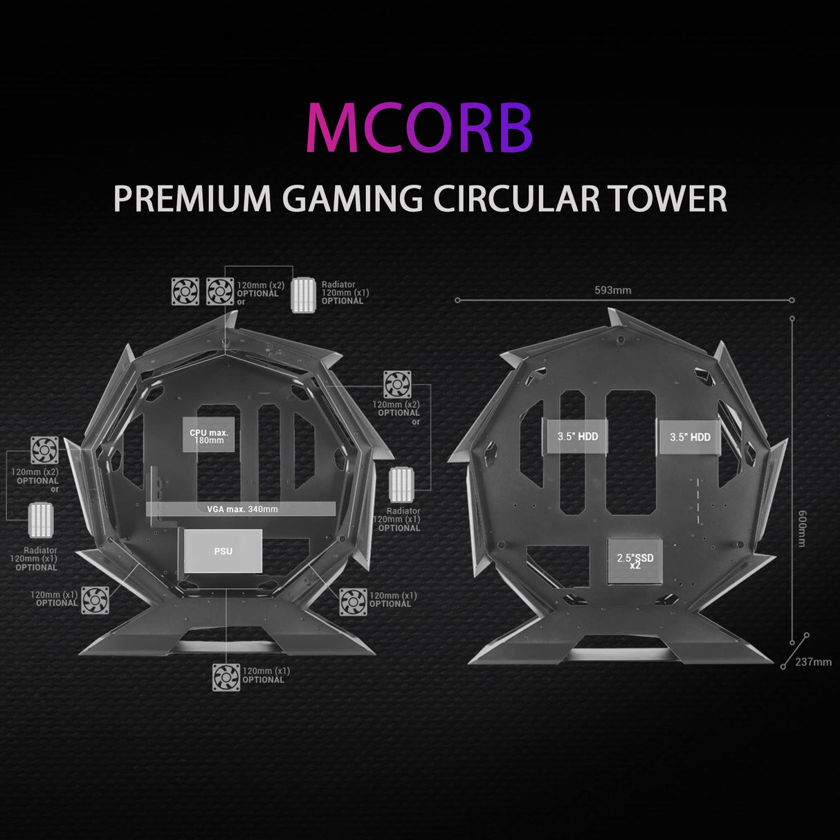Mars Gaming MCORB, Caja de Ordenador Gaming Micro-ATX XL, Diseño Circular Custom, Doble Cristal Templado, Chasis PC, Rojo