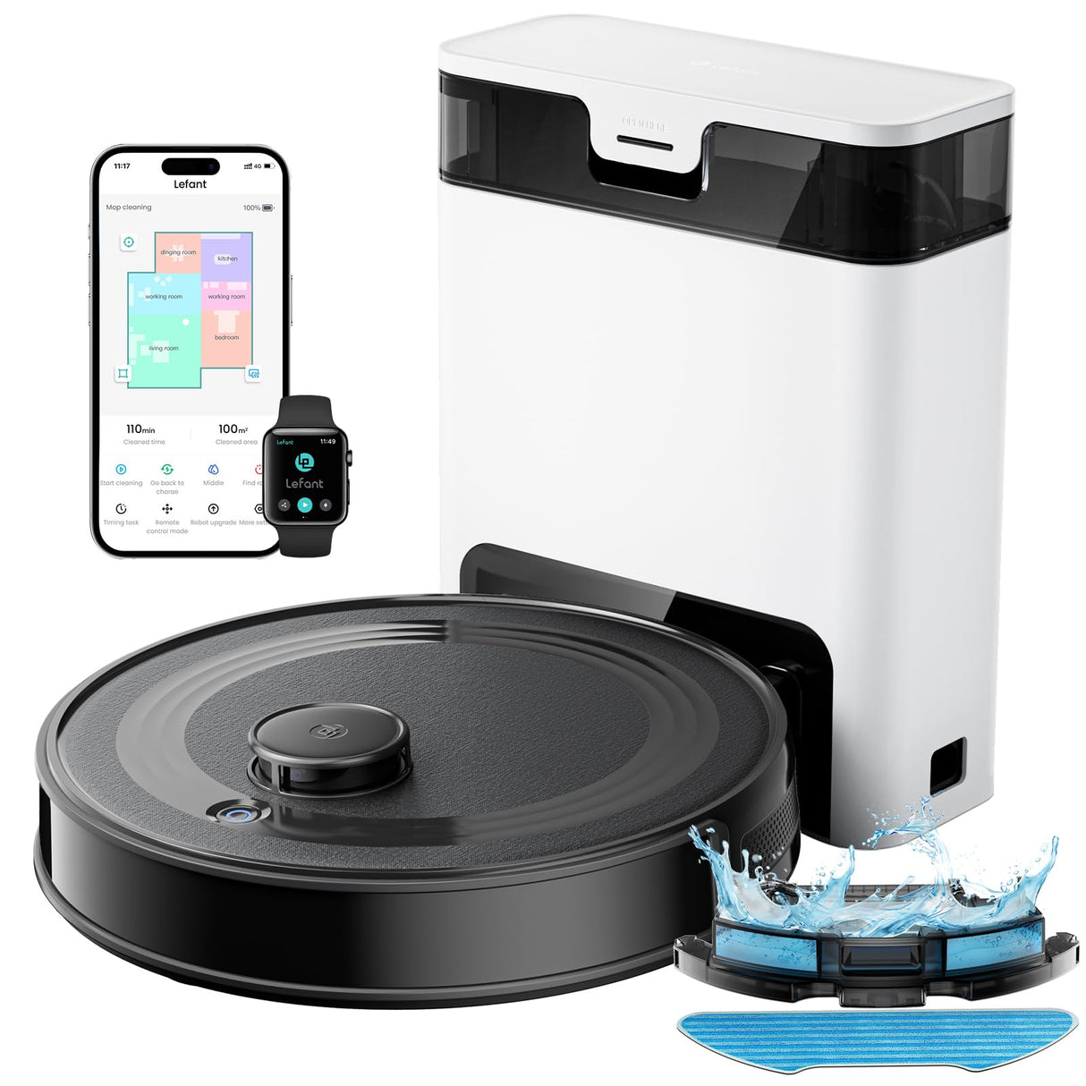 Lefant M2 Pro Robot Aspirador Lavador 6000Pa con estación de Vaciado automático de Polvo, navegación láser con cartografía, Limpieza Personalizada, evitación de obstáculos PSD, Ideal para Pelo Animal