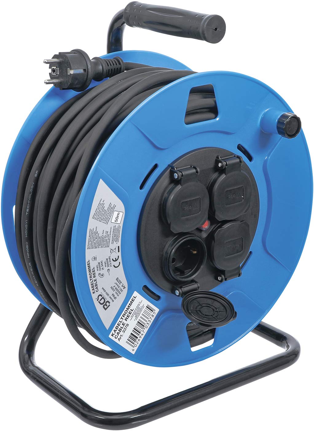 BGS 3378 | Enrollador de cable | 50 m | 3 x 1,5 mm² | 4 tomas con tapas de cierre | IP 44 | 3500 W