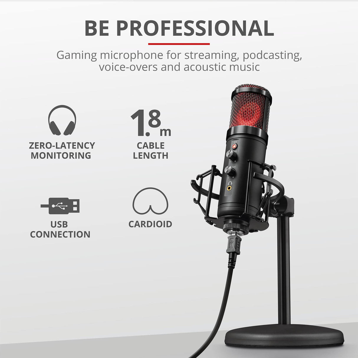 Trust Gaming GXT 256 Exxo Micrófono USB, Patrón Cardioide, con Filtro Pop, USB, RGB, Micrófono Streaming para Grabación, Podcasting, Radiodifusión, PC, PS4 y PS5 - Negro