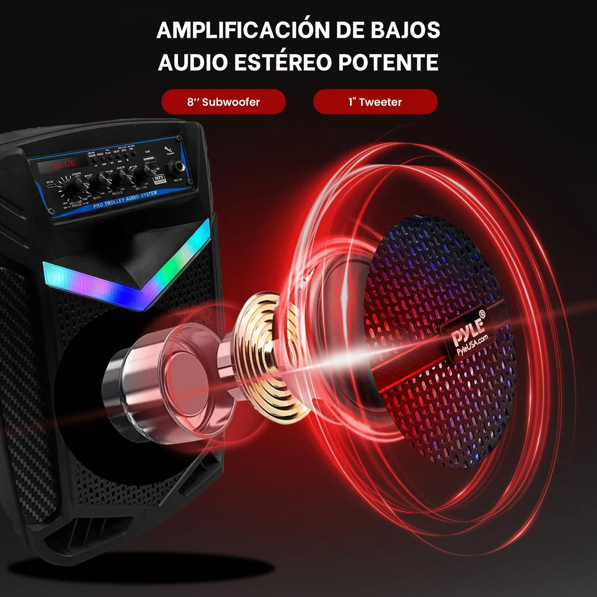 PYLE Sistema de Altavoces, PA, 400W, Bluetooth, portatil, Recargable, Exteriores, subwoofer de 8”, Tweeter de 1”, función de grabación, micrófono, Luces de Fiesta, Radio USB/SD, Color Negro