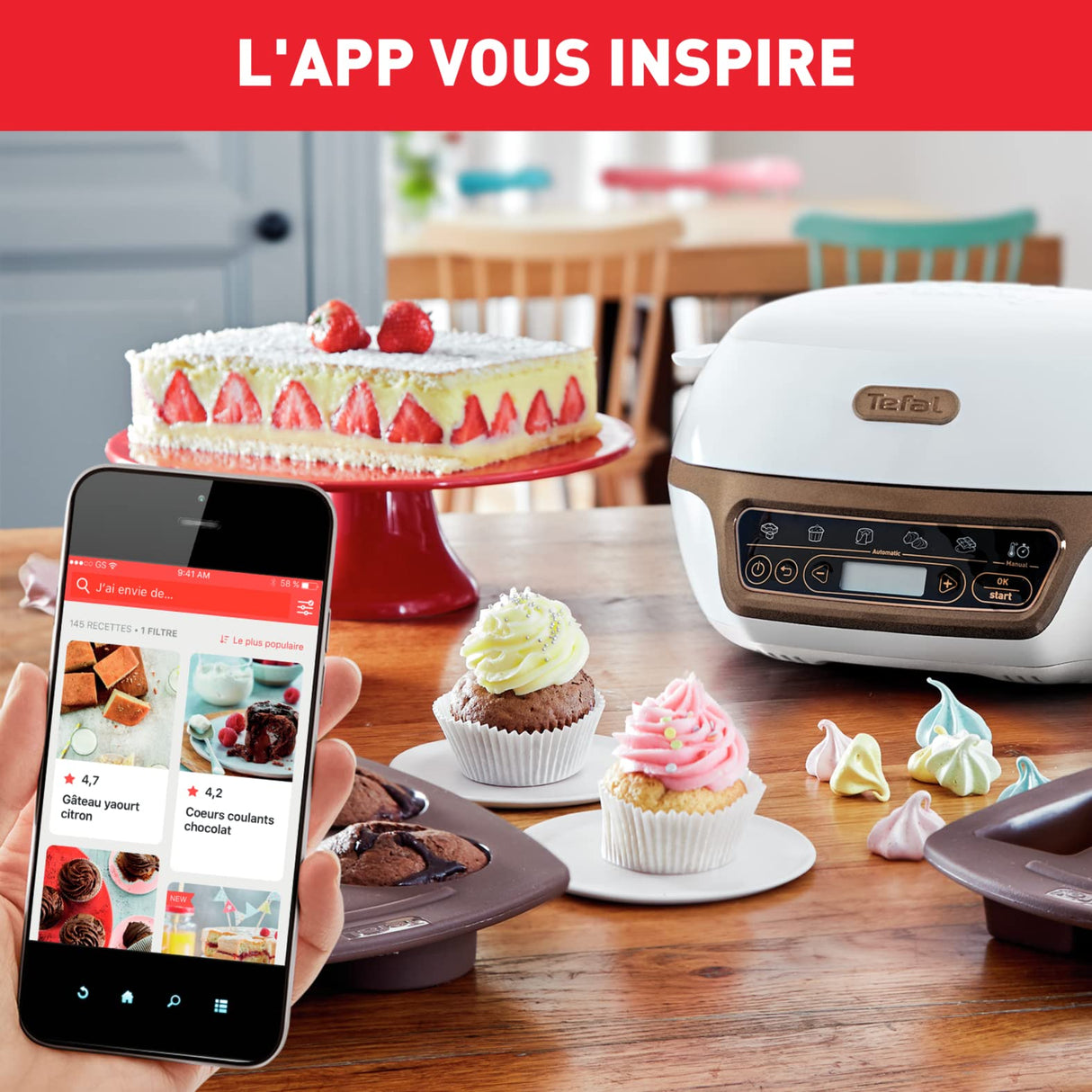 Tefal Cake Factory - Máquina inteligente para tartas, electrodoméstico de cocción, de pastelería, máquina de pan, magdalenas, con 4 moldes, 5 programas, compatible con moldes Crispybake KD802112