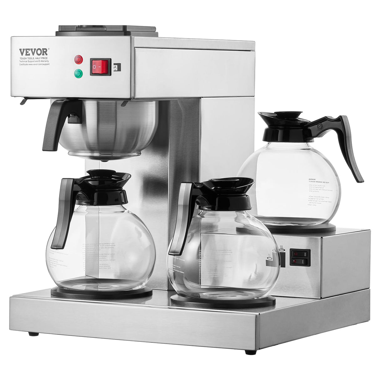 VEVOR Cafetera de Goteo Comercial Máquina de Café con 3 Jarras de Vidrio y 3 Placas Calentadoras Cafetera de Acero Inoxidable con Entrada Automática de Agua para Restaurante, Oficina, Cafetería