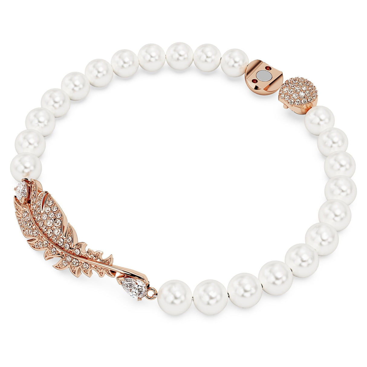 Swarovski Pulsera Nice, con Cadena de Swarovski Crystal Pearls, Motivo de Pluma en Pavé Rosa, Baño Tono Oro Rosa, S