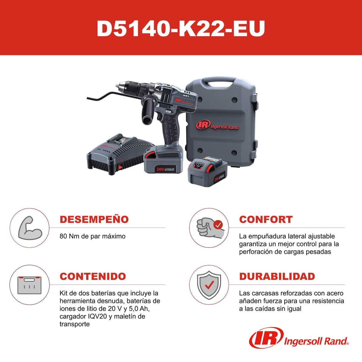 Ingersoll Rand D5140-K22-EU Kit de taladro/atornillador inalámbrico de 1/2 pulg. y 20 V, con 2 de baterías de ion-litio BL2022 de 5,0 Ah y cargador en 1 maletín