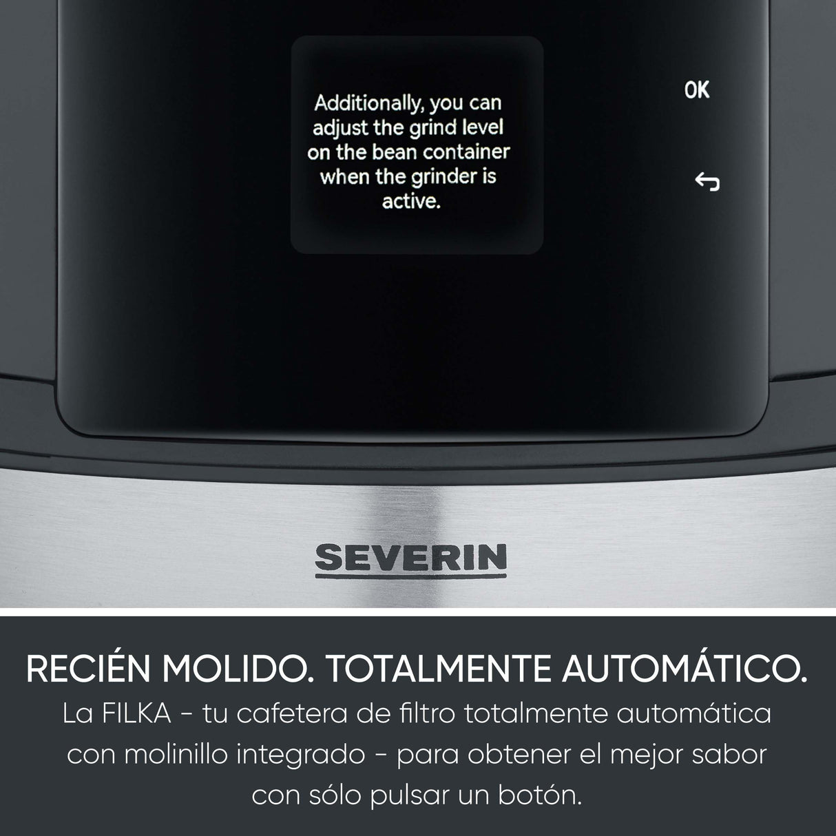 SEVERIN FILKA, cafetera de filtro totalmente automática, cafetera de filtro 5 en 1 con pantalla LED, molinillo, con jarra de cristal, negro mate/acero inoxidable, KA 9694