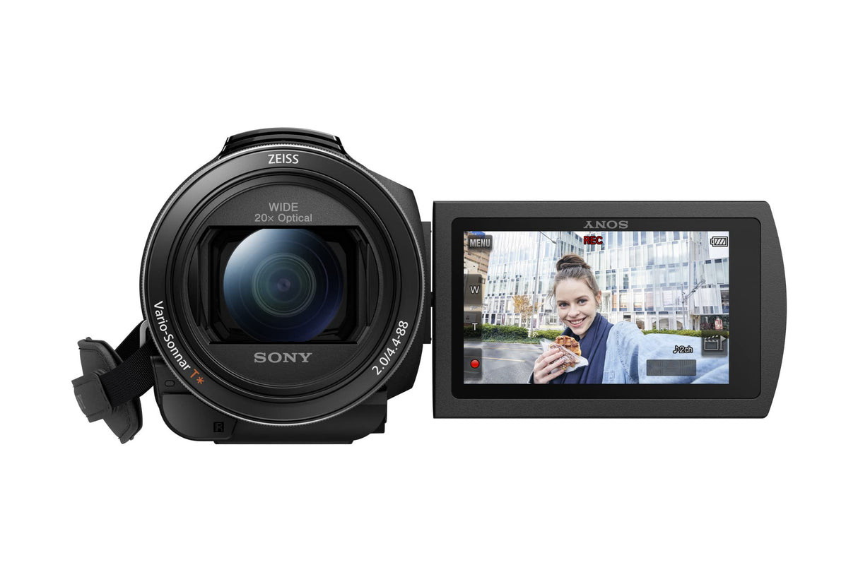 Sony Handycam FDR-AX43 - Videocámara (pantalla de 3" giratoria, grabación 4K Ultra HD, lente Zeiss Vario-Sonnar 26.8 mm, zoom óptico 20x, Balanced Optical SteadyShot, selfies, videos en casa y viajes)