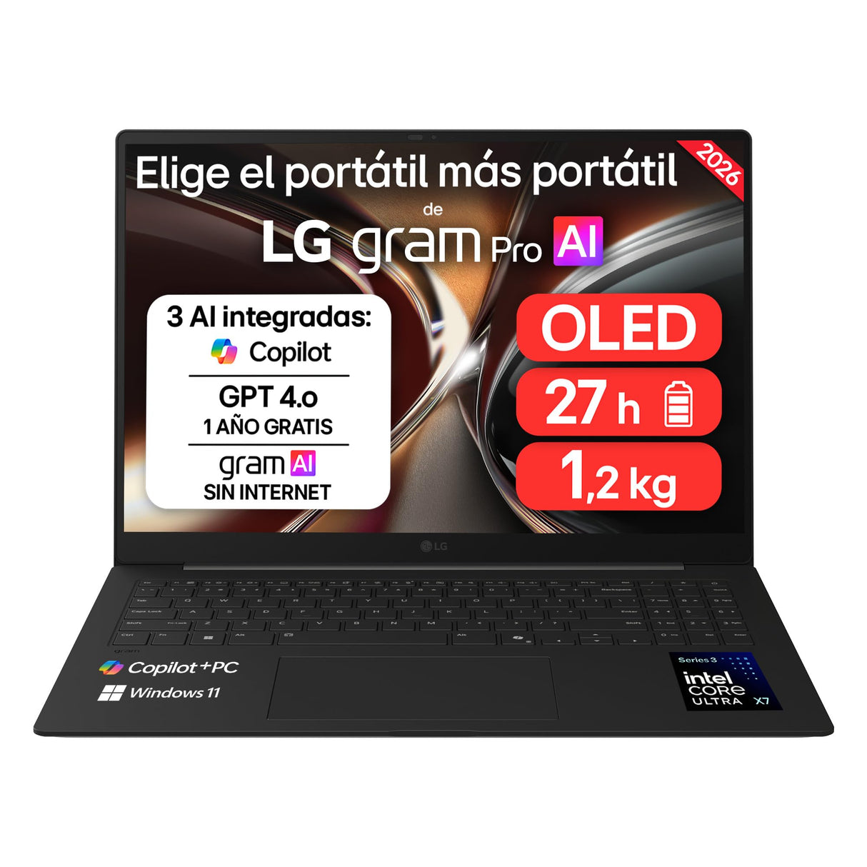 LG gram Pro 16Z90U-K.AUB8BN - Ordenador Portátil Ultraligero de 16" Intel Core Ultra X7 358H, 32 GB RAM, 1 TB SSD, ARC B390 Graphics, OLED Antirreflejo, 1199g, 27 h, Windows 11, Teclado ES, Carbón