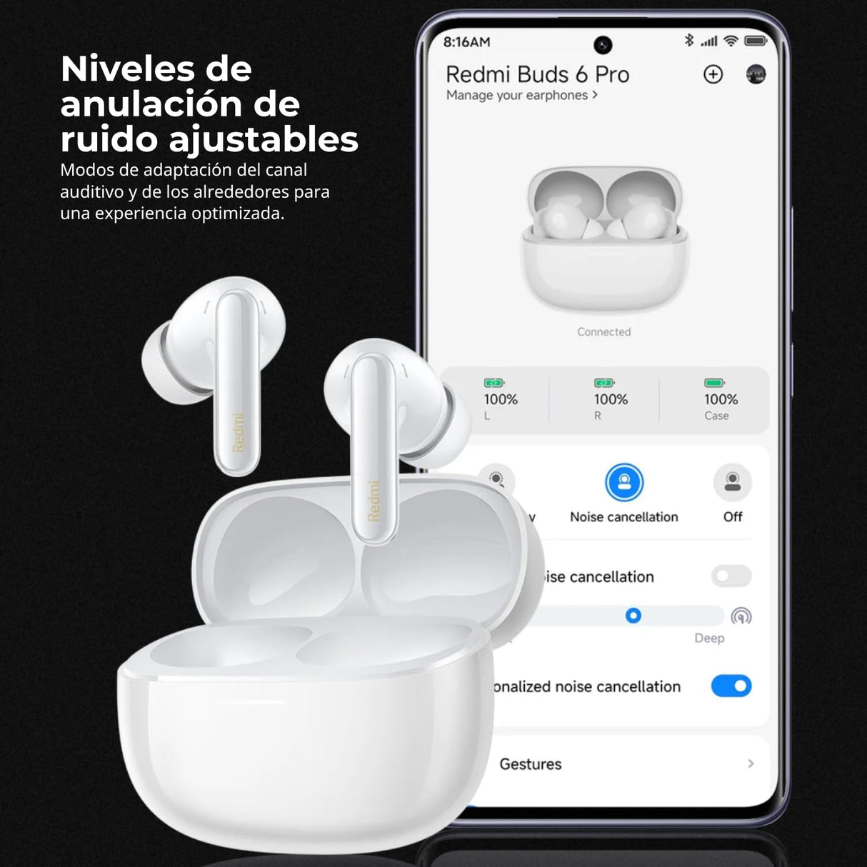 Xiaomi Redmi Buds 6 Pro | Auriculares Inalámbricos Bluetooth con Cancelación de Ruido | Cascos Inalámbricos con 36h de Duración | Headphones con Triple Micrófono | Audífonos Blancos