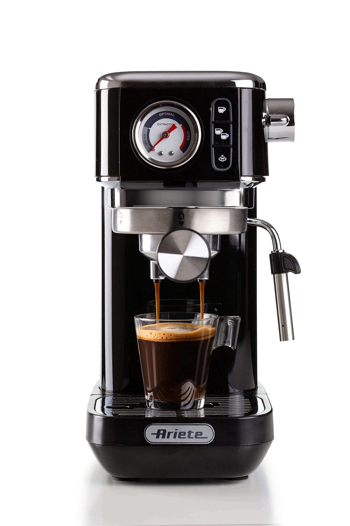 Ariete 1381 - Cafetera con manómetro, compatible con café en polvo y pastillas ESE 1300 W, capacidad 1,1 l, filtro a presión 15 bar, dispositivo capuchino de ½ tazas, color negro