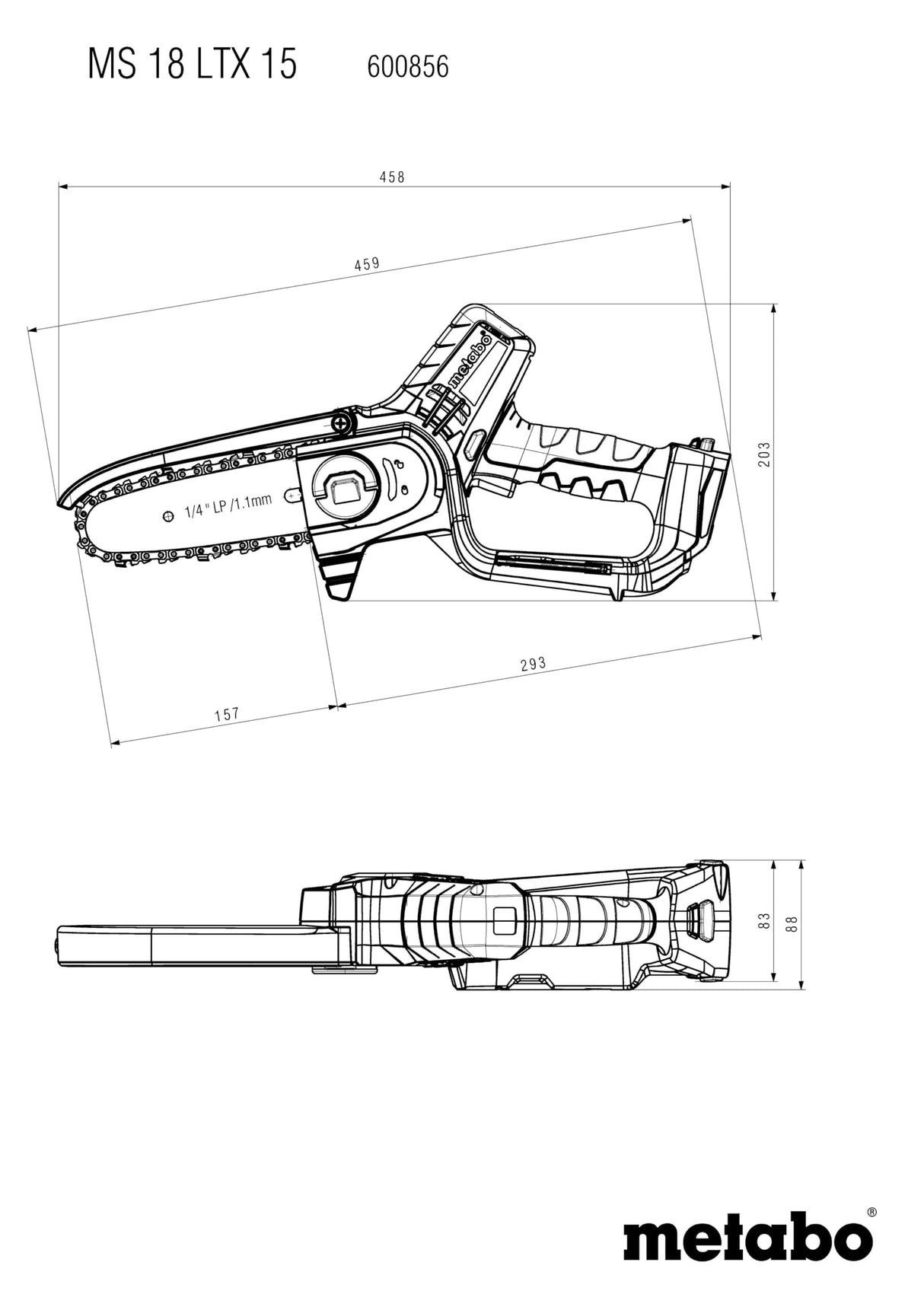 Metabo MS 18 LTX 15 Mini Motosierra Batería 18V Ideal Poda Ramas Verdes Alta Velocidad Incluye Batería 2Ah Cargador Herramientas