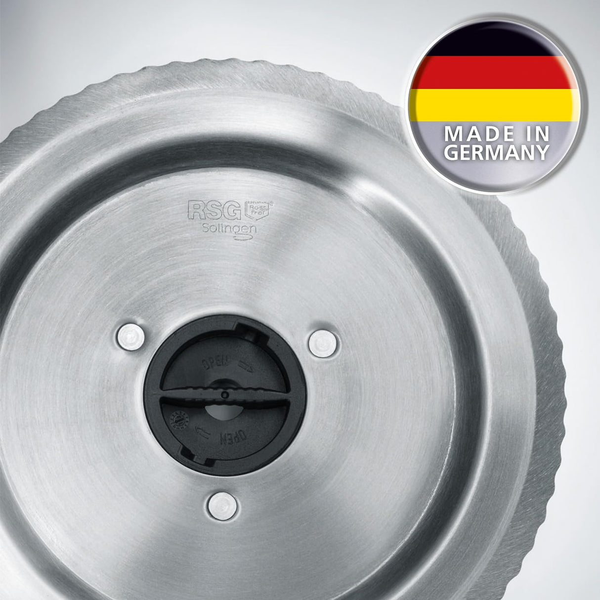 GRAEF Cortafiambres multiusos SKS320 plata, carcasa metálica, cuchilla dentada Ø170 mm de acero inoxidable, diseño compacto, base de cristal, función continua, seguridad infantil, fácil limpieza