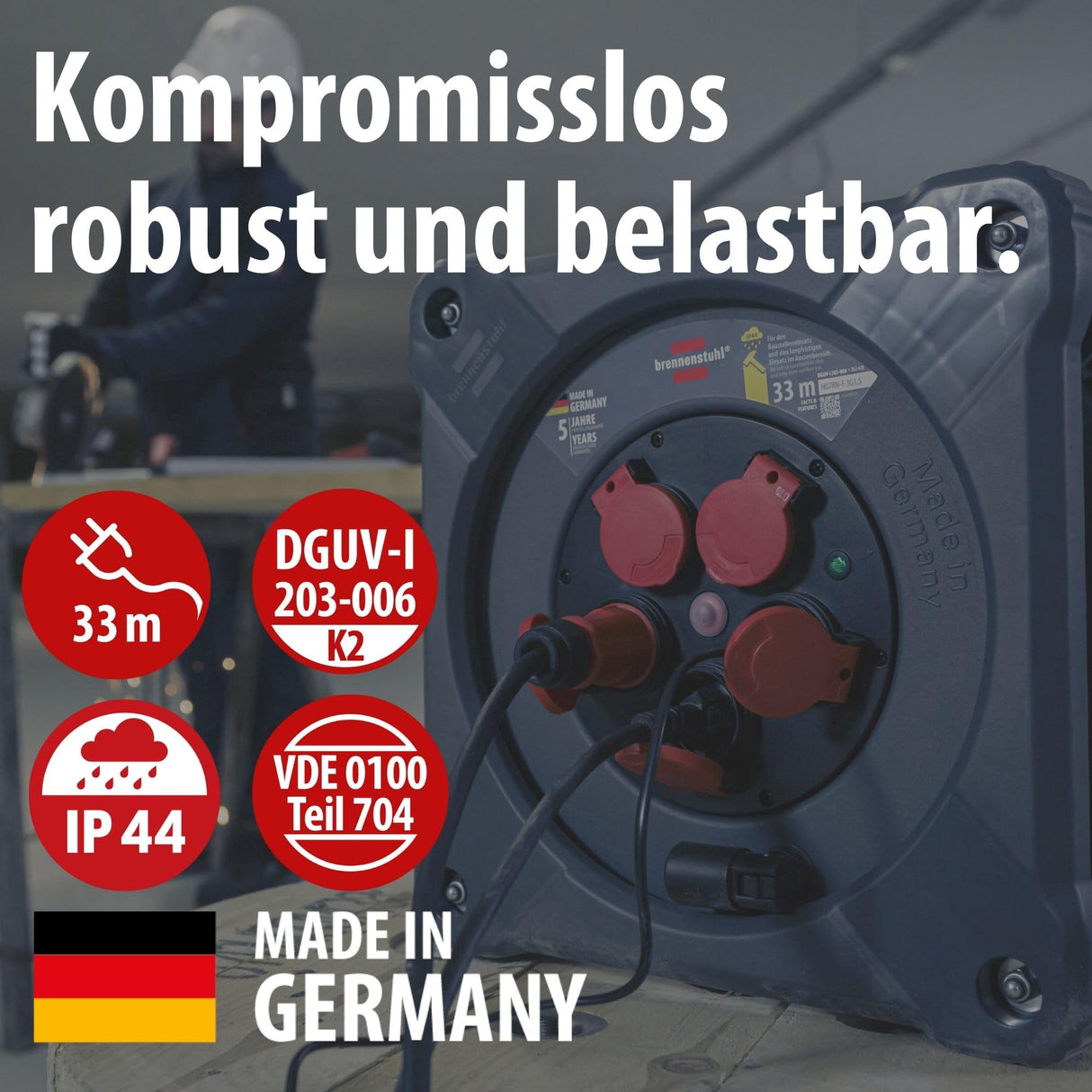 Brennenstuhl Carrete de cable profesional KA 3100 5 IP44 (cable H07RN-F 3G1,5 de 33 m en negro, 5 tomas de seguridad, uso en obra y exterior permanente, fabricado en Alemania)