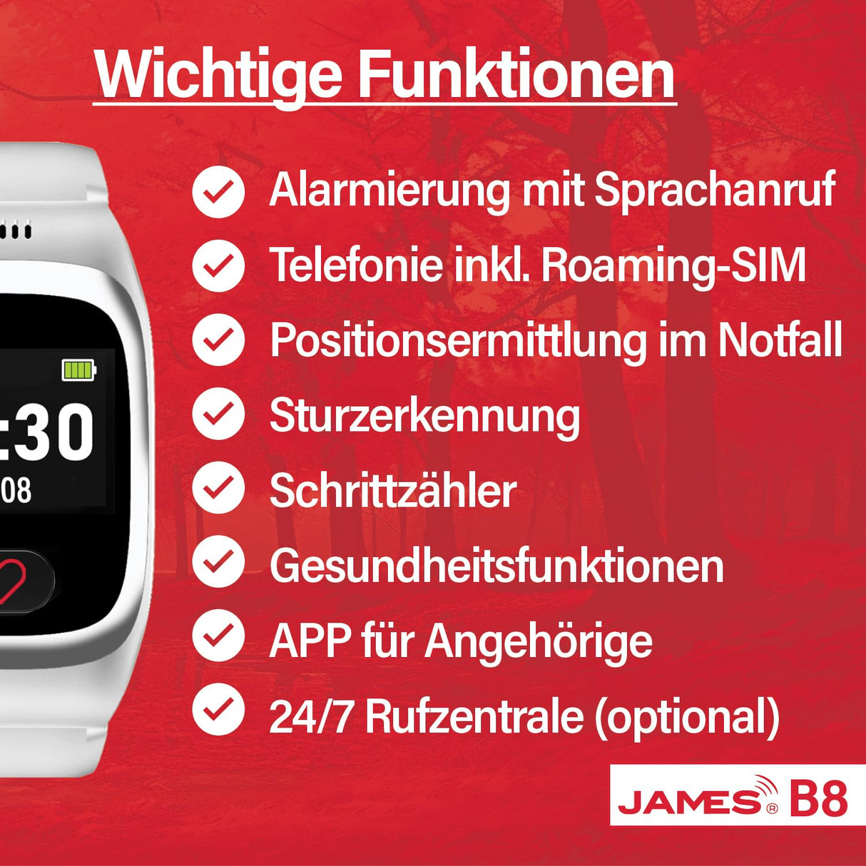 James B8 - Reloj de llamada de emergencia y seguridad para ancianos, detección de caídas, botón de llamada de emergencia y localización GPS, funciones de salud, por ejemplo, pulso, aplicación familiar