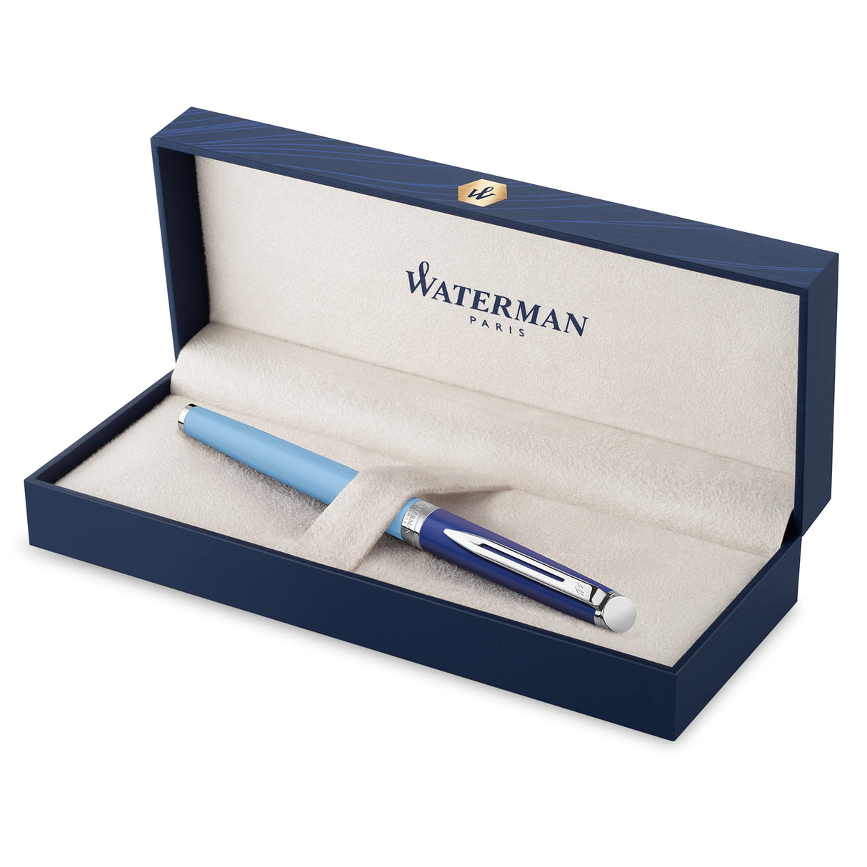 Waterman Hémisphère - Pluma estilográfica, metal y laca azul con borde recubierto de paladio, punta fina de acero inoxidable, caja de regalo