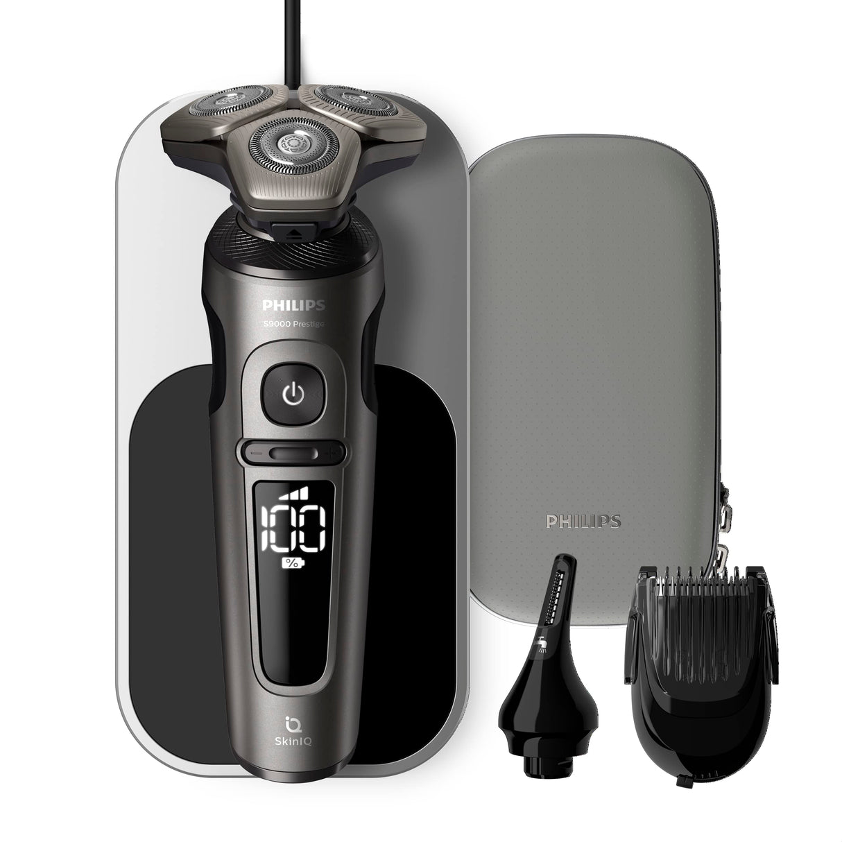 Philips Serie 9000 Prestige Afeitadora Eléctrica Hombre, Máquina de Afeitar Barba con Barbero, 72 cuchillas, 60min de uso, En Seco y Húmedo, Recargable, Base Carga QI, Naricero, SP9871/22, Cromo
