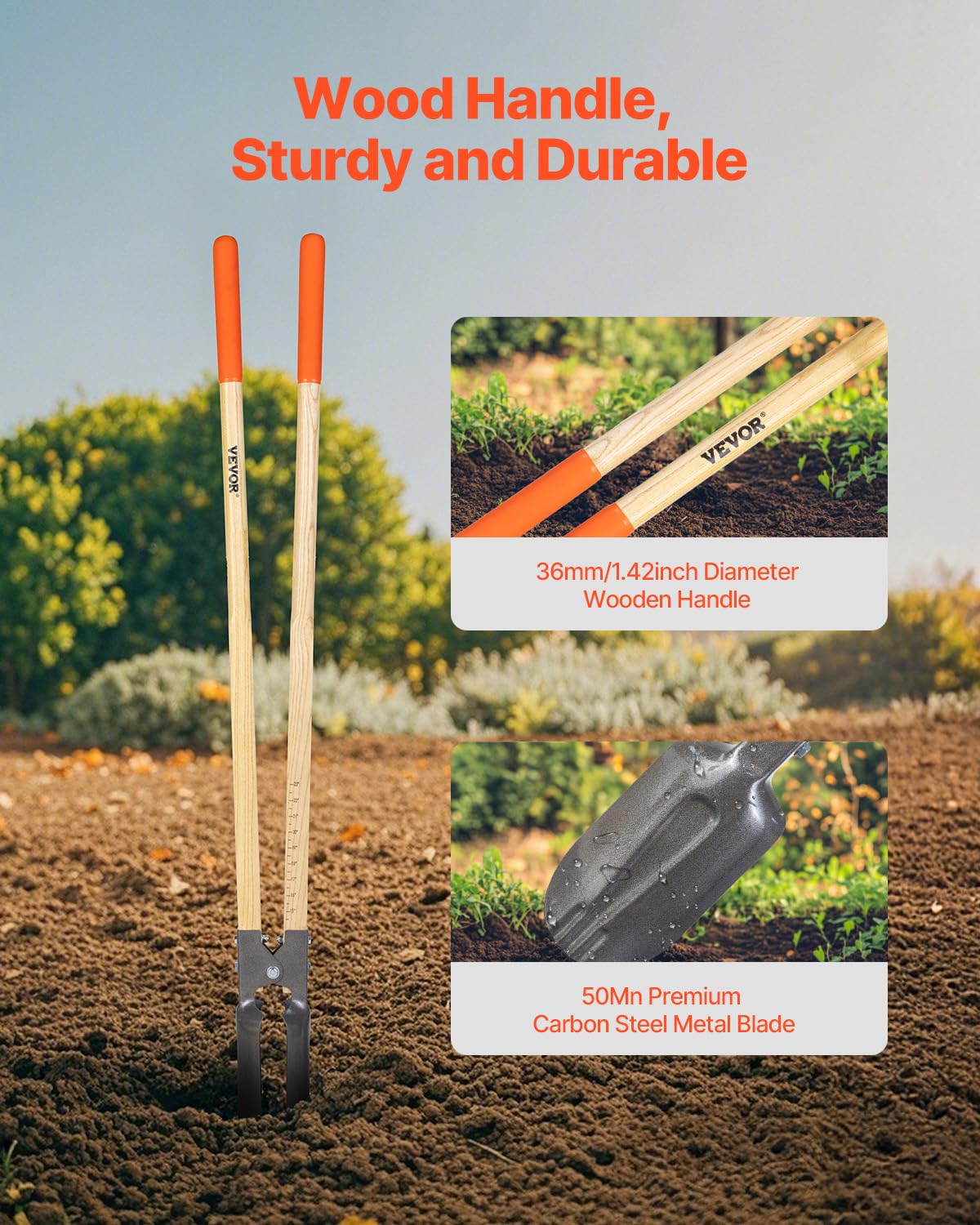 VEVOR Excavadora de Agujeros Manual para Postes Resistente con Mango de Madera de 1460 mm, Marcas de Escala y Hoja de Metal, Herramienta para Excavar Agujeros para Trabajo de Jardinería Al Aire Libre