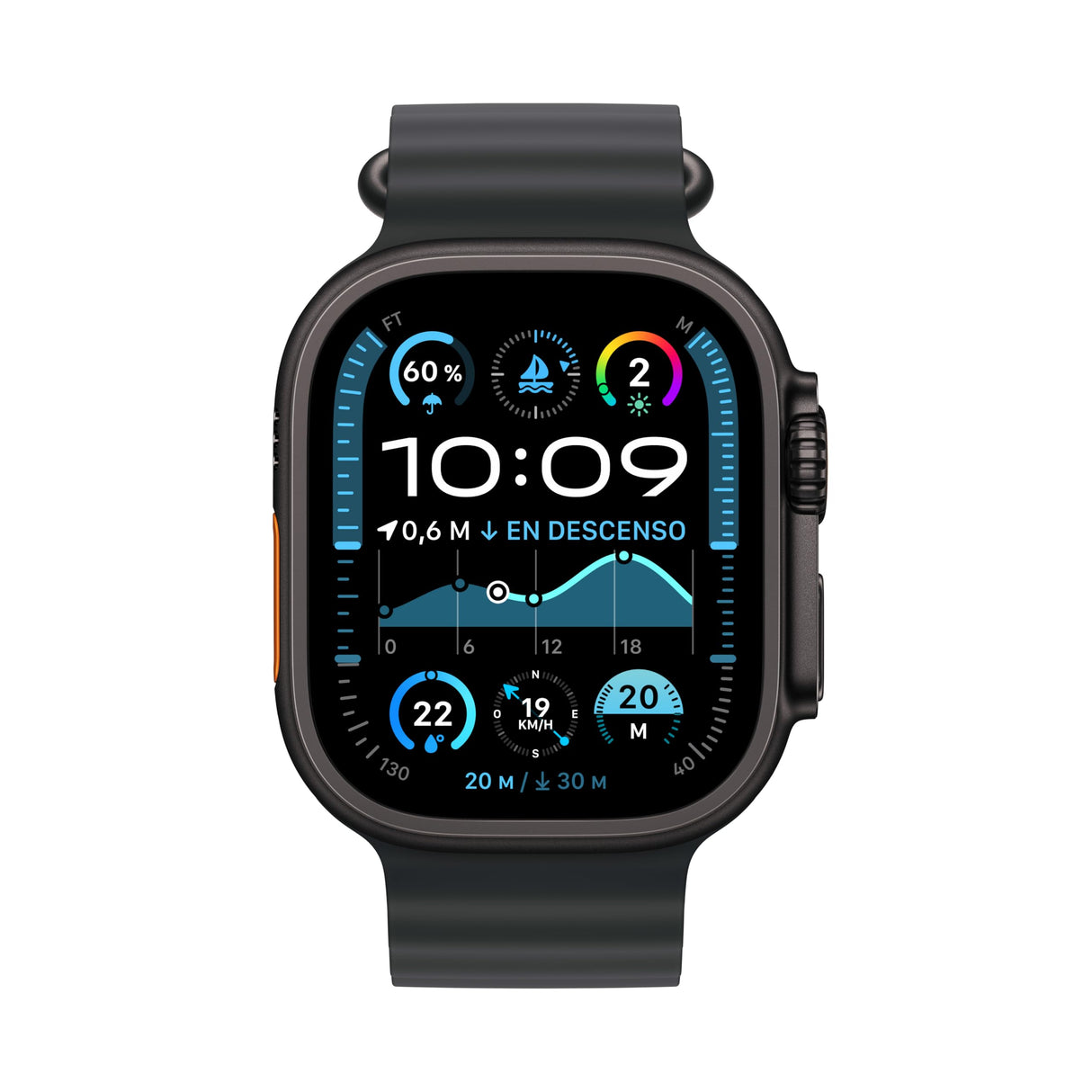 Apple Watch Ultra 2 GPS + Cellular Smartwatch, reloj deportivo con caja de titanio negro resistente de 49 mm y Correa Ocean Negro. Monitor de entreno, GPS de alta precisión y pantalla Retina brillante