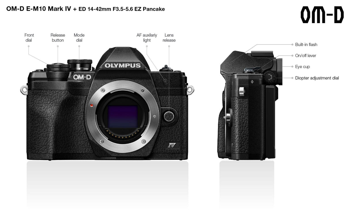 Kit de cámara del Sistema Micro Four Thirds Olympus OM-D E-M10 Mark IV, Sensor de 20 Mpx, Visor electrónico, vídeo 4K, Wi-Fi, Negro, Incluye el M.Zuiko Digital ED 14-42mm F3.5-5.6 EZ Pancake Negro