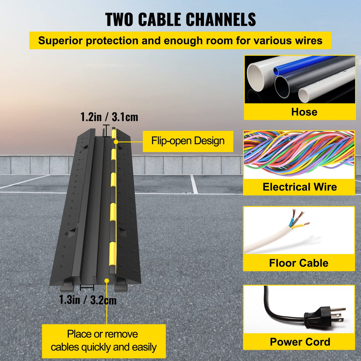 VEVOR Rampa de Protección de Cable 4 Piezas 2 Vías Canaleta Pasacables de Suelo 3,2x3,1cm Protector de Cables de Caucho y PVC Capacidad de Carga 4,989kg Cubiertas de suelo para Cables Negro y Amarillo