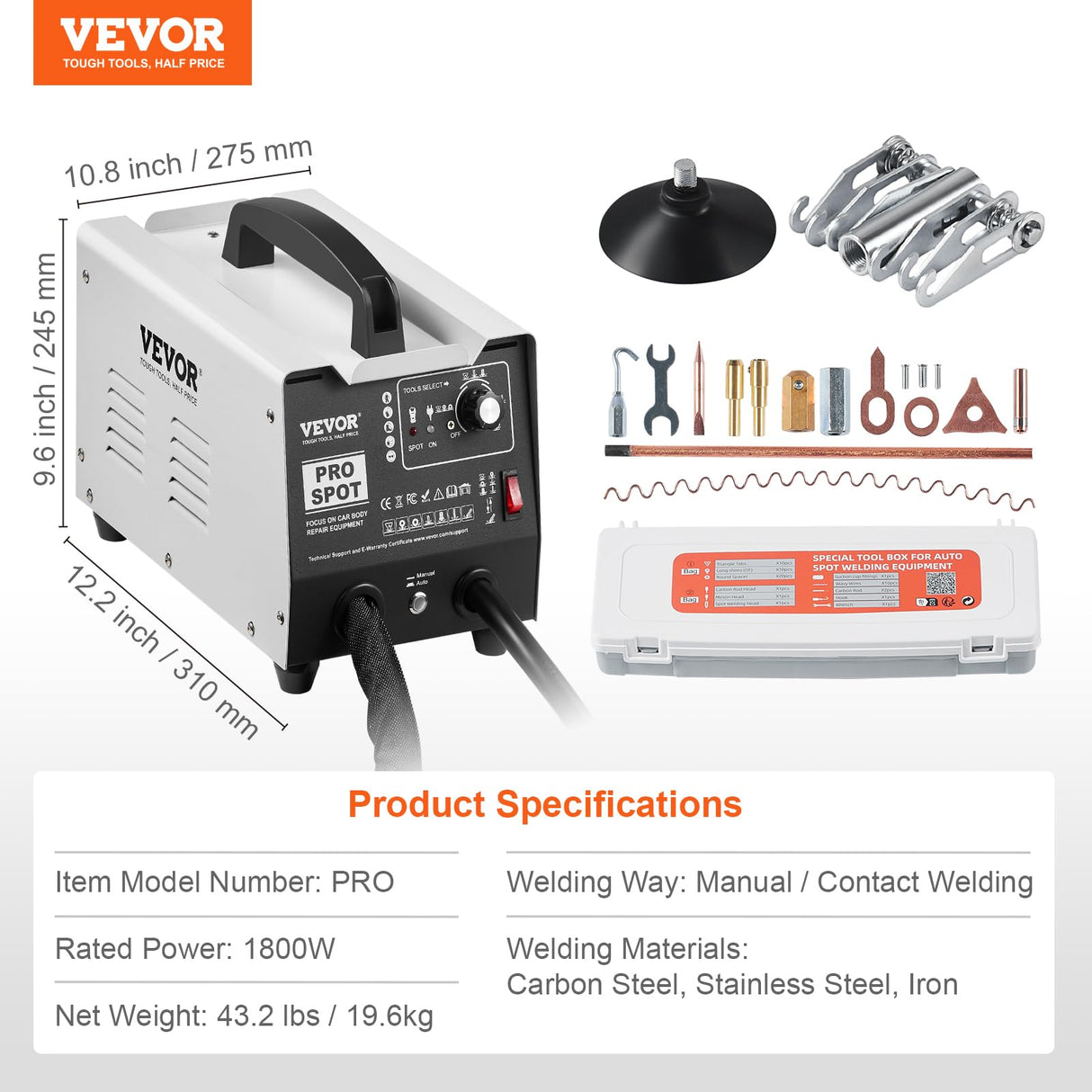 VEVOR Kit de Reparación de Abolladuras con Soldador de Pernos 1,8kW Extractor de Abolladuras con Soldador por Puntos con Soldadura Automática y Manual 7 Modos para Carrocería de Automóvil, Camión