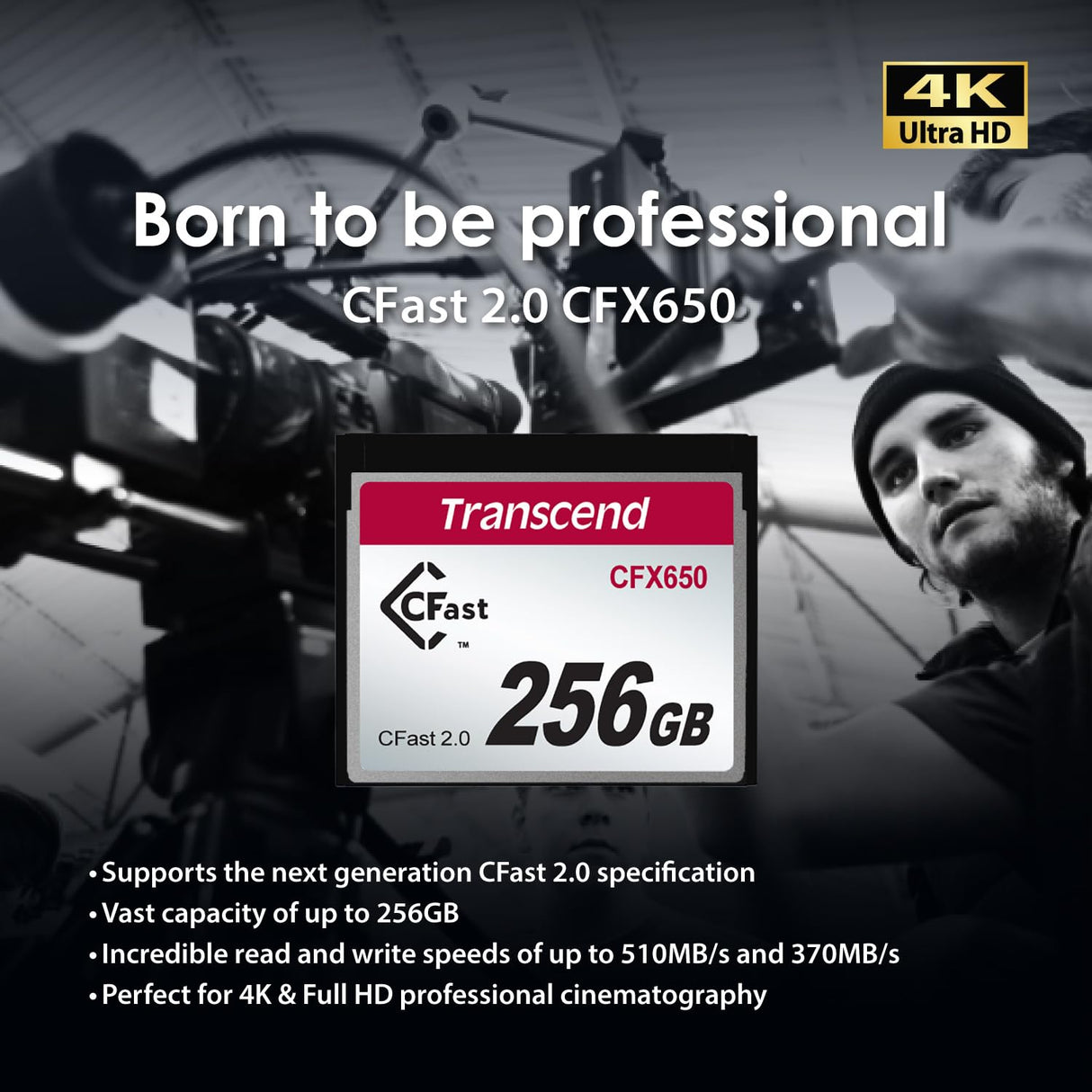 Transcend 128GB CFast 2.0 Memory Card CFX650 SATA III 6Gb/s, hasta 510/370 MB/s, MLC NAND Flash, diseñada para cinematografía en grabación de Video de Alta resolución, Full HD y 4K TS128GCFX650