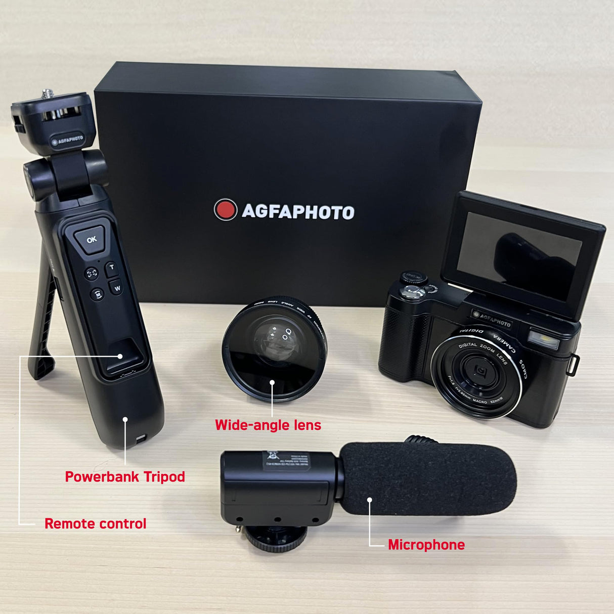 AGFA PHOTO Realishot VLG-4K Kit Vlogging - Cámara 24MP, Video 4K, Pantalla LCD 3’’, Zoom Digital 16X, Sensor CMOS, Batería de Litio - Negro