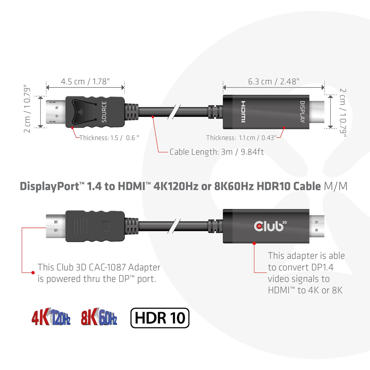 CLUB3D CAC-1087 DisplayPort 1.4 a HDMI 4K120Hz o 8K60Hz HDR10 Cable 3m St./St.