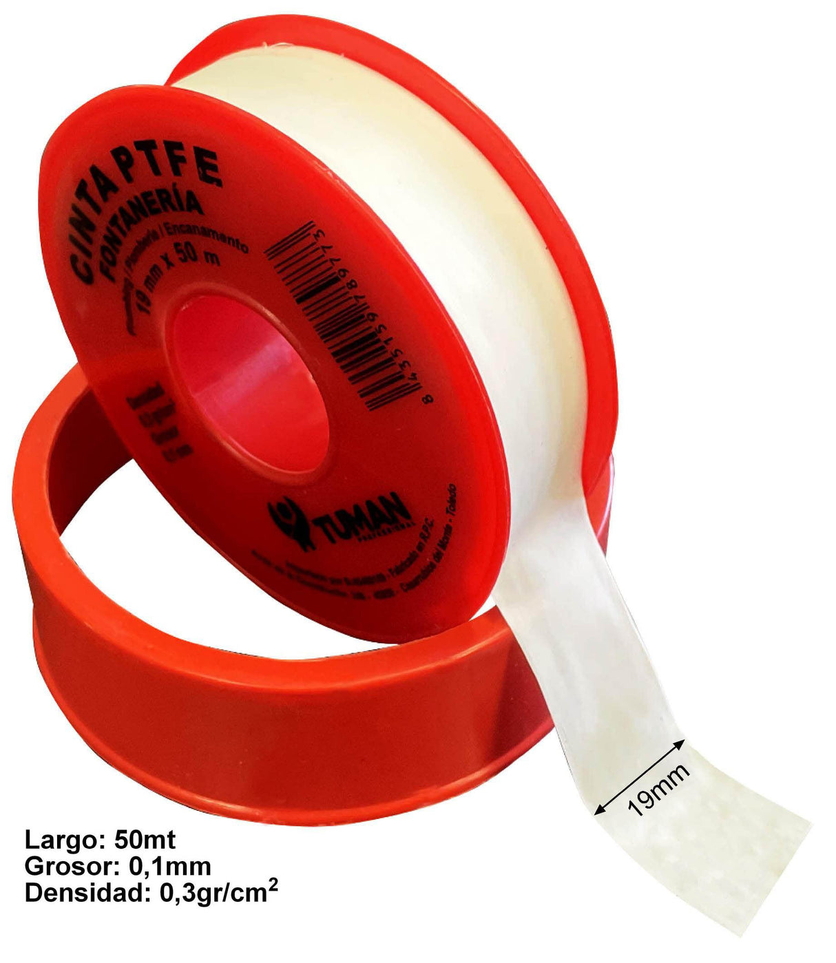 250 Rollos de Cinta Teflón para Fontanería de 19mmx0,1mmx50 metros de 0,3gr cm2. PTFE para sellado de roscas, tuberias.