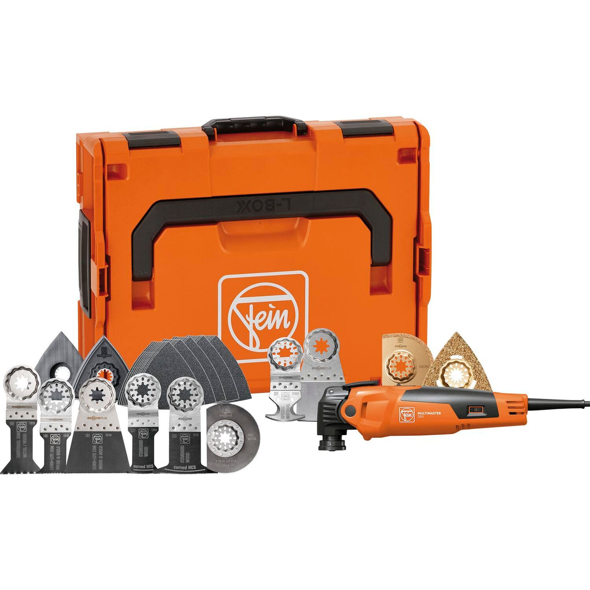 FEIN Multimaster MM 500 Plus Top EDITION,La MultiTool para obras en interiores y reformas con 62 accesorios, para serrar en madera y metal, lijar, separar azulejos y mucho más.