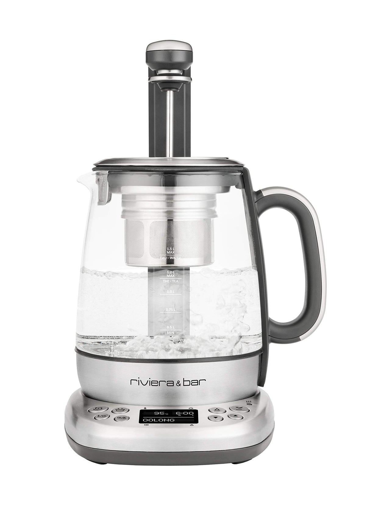 Riviera&bar CHA DAO Expert – Tetera de temperatura ajustable – Cristal templado y acero inoxidable – Modo silencioso – Infusión de té óptimo – 1,5 L, 22 x 36,5 x 29,5 cm