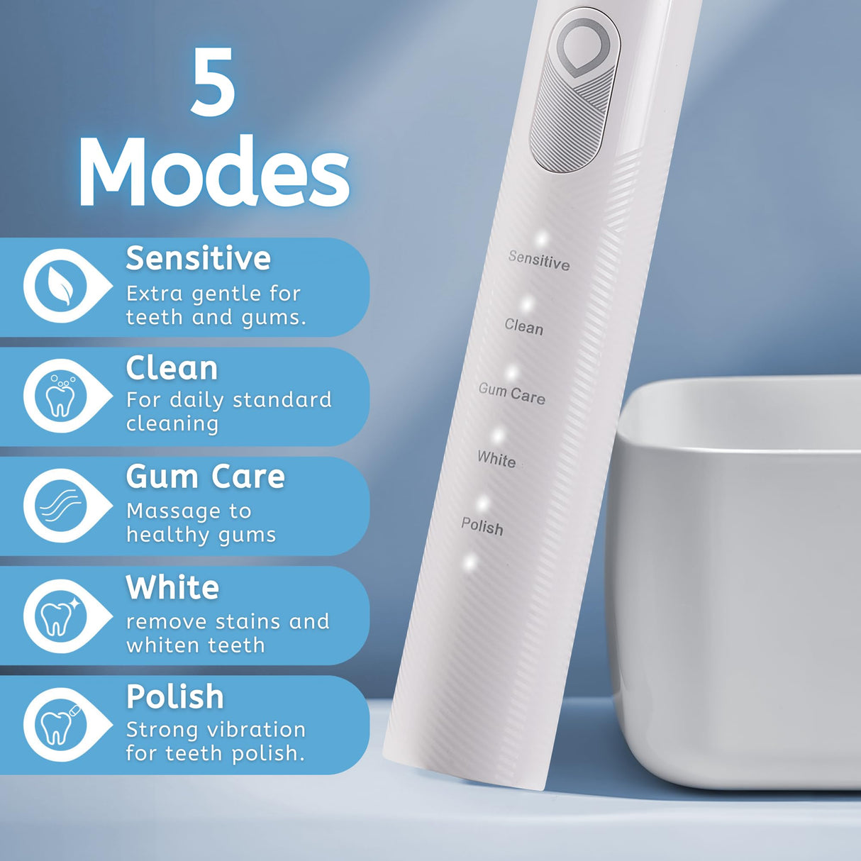 BarberBoss Cepillo de dientes eléctrico con 6 cabezales de cepillo y sensor de presión, cepillo de dientes recargable para adultos con 5 modos, temporizador inteligente, cepillo de dientes