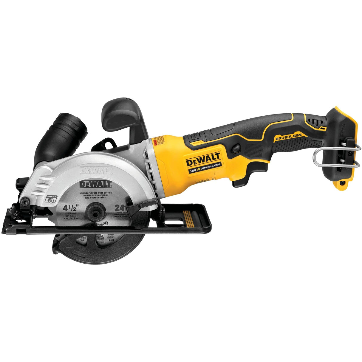 DEWALT DCS571N-XJ - Sierra Circular de Mano sin Escobillas XR 18V, Diámetro de hoja 115mm, Hoja de sierra 24 dientes, Empuñadura Ergonómica, Freno Electrónico, Cambio Rápido de Cuchilla