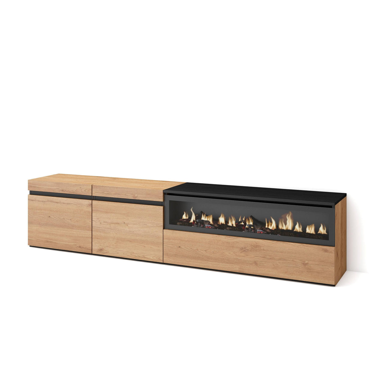 Skraut Home | Mueble TV | Televisión | Muebles de salón, almacenaje | 200x45x35cm | Para TV hasta 80" | Chimenea eléctrica | Estilo Moderno | Roble y negro