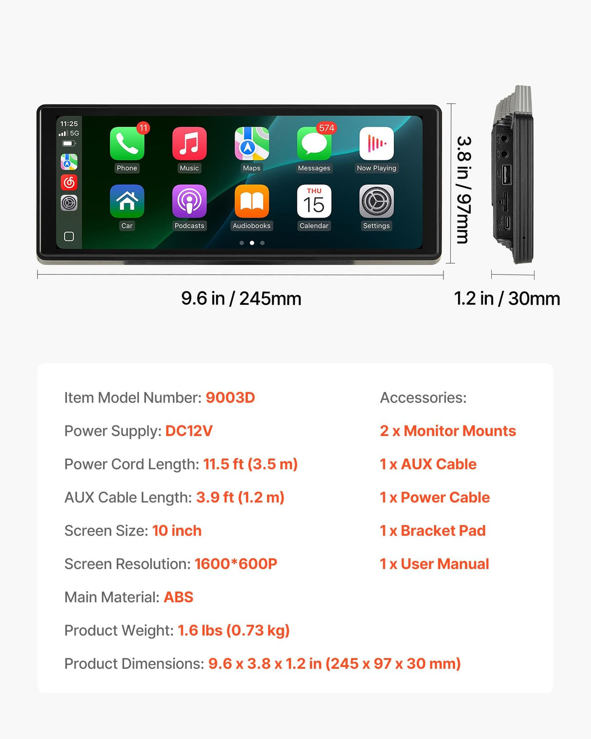 VEVOR Estéreo Inalámbrico HD para Coche, con Pantalla Táctil Compatible con Apple CarPlay y Android Auto, con Control de Voz, Enlace Espejo, Bluetooth, Navegación GPS, 245 x 97 x 30 mm, Negro