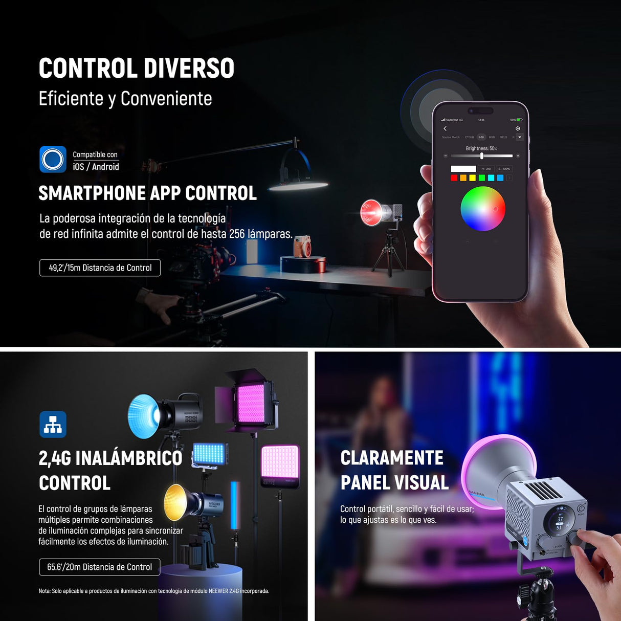 NEEWER 60W Luz Video LED RGB Portátil Luz Relleno de Mano, App/2.4G/Control Panel 18 Escenas 8700Lux/1m 2700-6500K CRI97+ Iluminación Continua COB Regulable para Transmisión Grabación Video, HS60C