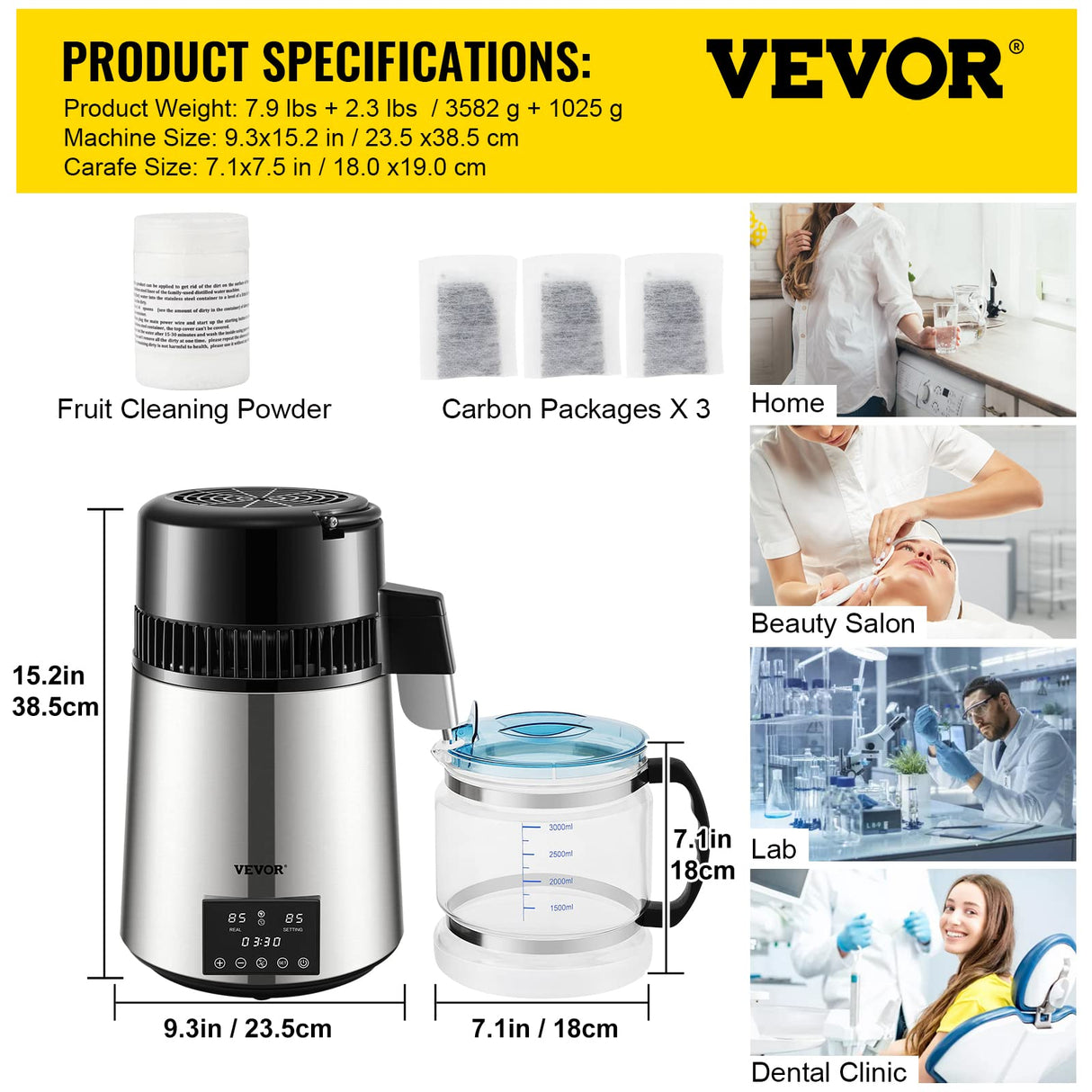 VEVOR Destilador de Agua 4L Filtro de Destilación de Agua con Recipiente de Vidrio 750 W 1 L/H Ajuste de Velocidad, Destilación Filtro Purificador de Acero Inoxidable Temperatura Doble 7,9lbs, Plata
