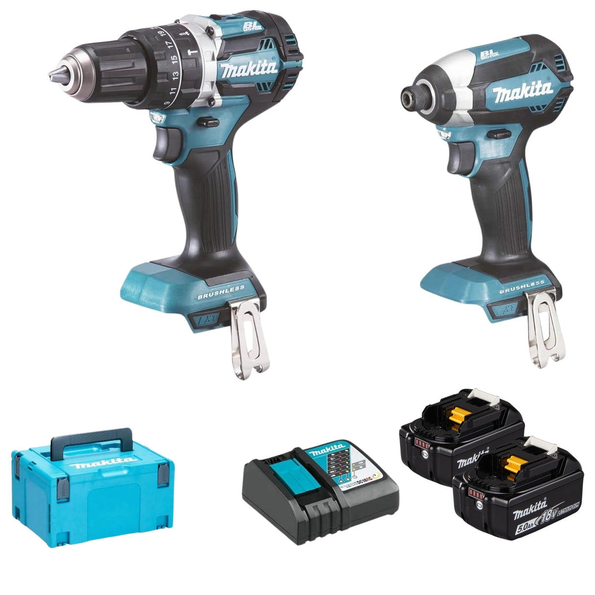 Makita Taladro de impacto DHP484 + destornillador de impacto Dtd153 con 2 baterías 18 V 5 Ah DLX2180TJ